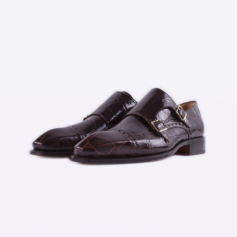 Mister 40078 Cando Men's Shoes Dark Brown Crocodile Print / Calf-Skin Leather Monk-Straps Loafers (MIS1054)-AmbrogioShoes