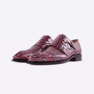 Mister 40079 Buxan Burgundy Crocodile Print / Calf-Skin Leather Monk-Straps Loafers (MISS1052)-AmbrogioShoes