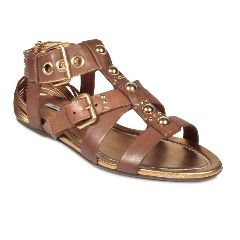 Miu Miu 5X7553 Women's Designer Shoes Brown Leather Strap Sandals (MIUMIU1504)-AmbrogioShoes