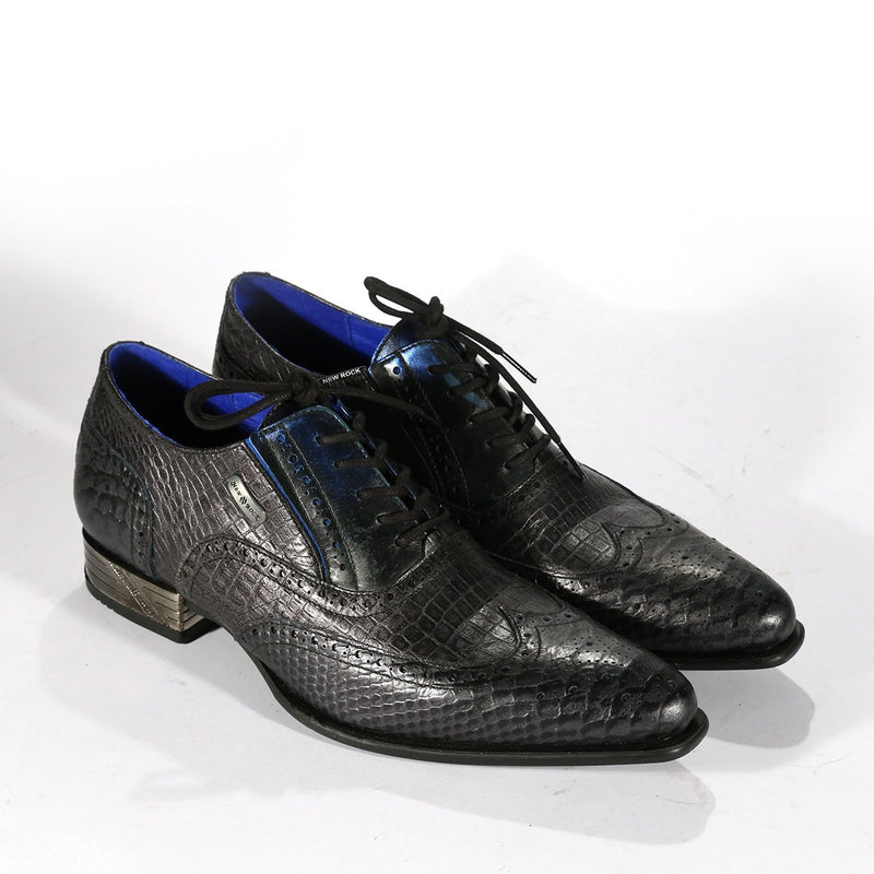 New Rock Men's Designer Shoes Black / Blue Exotic Print / Calf-Skin Leather Classic Oxfords M-NW136-C6 (NRS1265-S)-AmbrogioShoes
