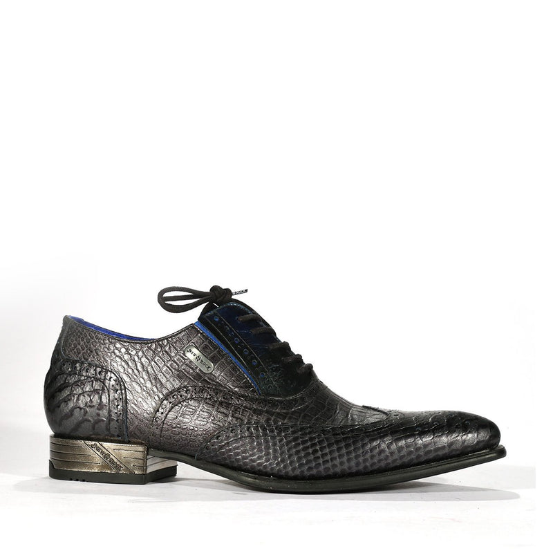 New Rock Men's Designer Shoes Black / Blue Exotic Print / Calf-Skin Leather Classic Oxfords M-NW136-C6 (NRS1265-S)-AmbrogioShoes