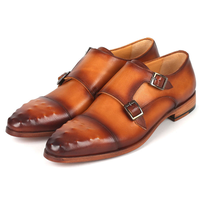 Paul Parkman 047-CML Men's Shoes Light Brown Calf-Skin Leather Studded Cap Toe Monkstraps Loafers (PM6369)-AmbrogioShoes