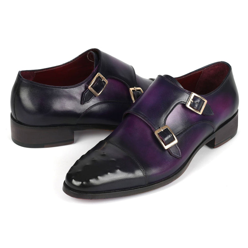 Paul Parkman 047-PRP Men's Shoes Purple Calf-Skin Leather Studded Cap Toe Monkstraps Loafers (PM6378)-AmbrogioShoes