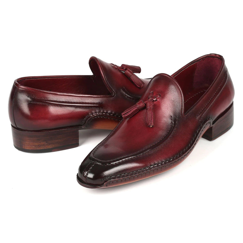 Paul Parkman 082-BRD Men's Shoes Bordeaux Calf-Skin Leather Opanka-Sewed Tassel Loafers (PM6358)-AmbrogioShoes