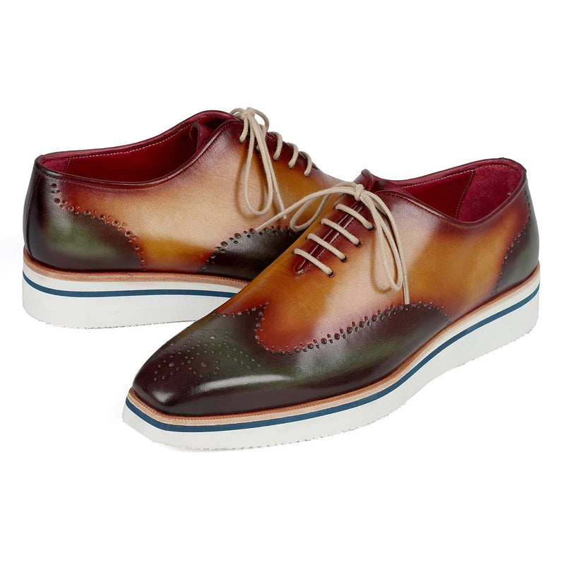 Paul Parkman 188-GRN-CML Men's Shoes Green & Camel Calf-Skin Leather Smart Wingtip Oxfords (PM6306)-AmbrogioShoes