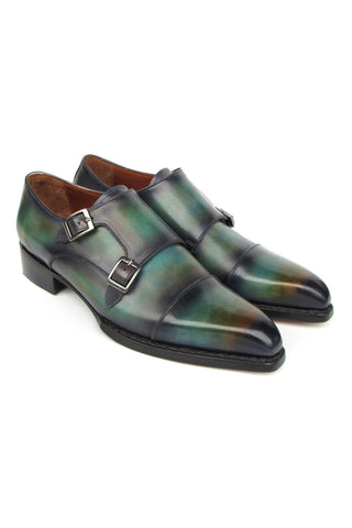 Paul Parkman 2598-5BG Green & Blue Hand-Painted Leather Cap Toe Double Monkstraps Loafers (PM6395)-AmbrogioShoes