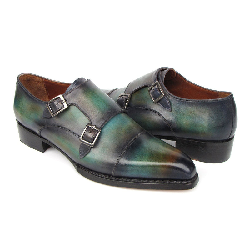 Paul Parkman 2598-5BG Men's Shoes Green & Blue Hand-Painted Leather Cap Toe Double Monkstraps Loafers (PM6395)-AmbrogioShoes