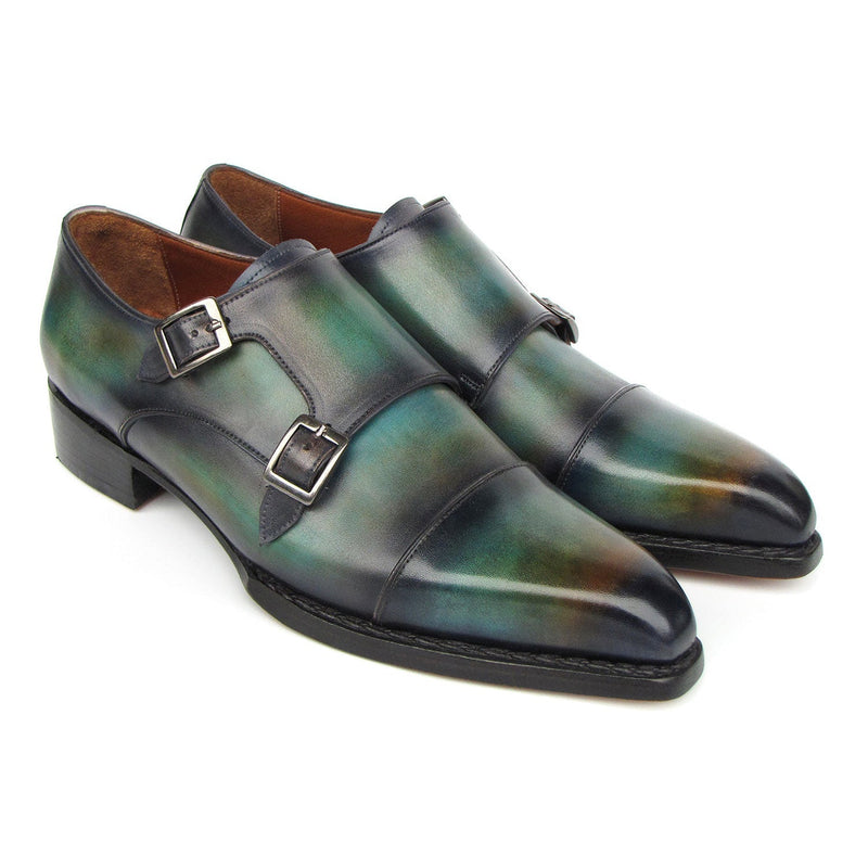 Paul Parkman 2598-5BG Men's Shoes Green & Blue Hand-Painted Leather Cap Toe Double Monkstraps Loafers (PM6395)-AmbrogioShoes