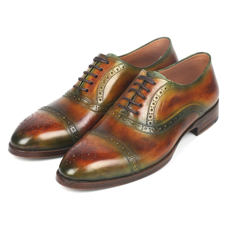 Paul Parkman 266GB79 Men's Shoes Green & Brown Calf-Skin Leather Cap-Toe Oxfords (PM6268)-AmbrogioShoes