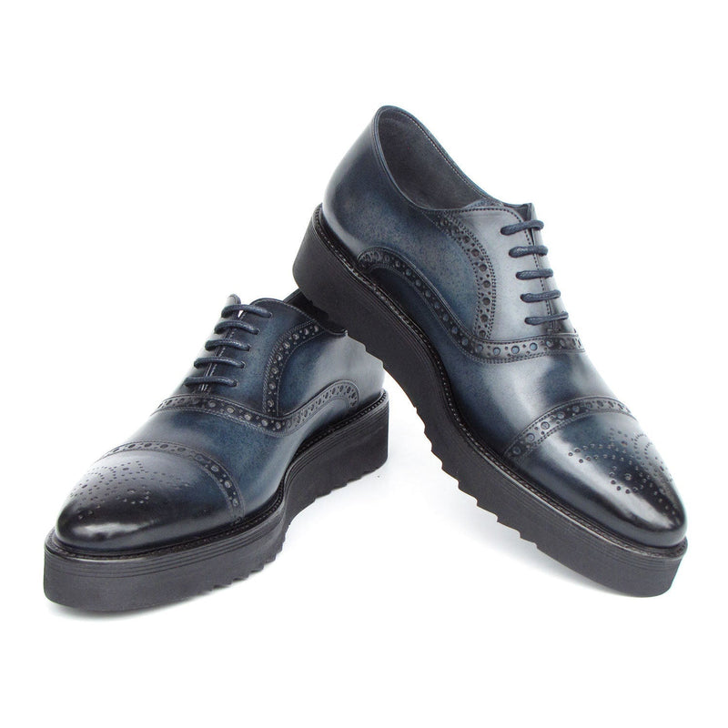 Paul Parkman 285-NVY-LTH Men's Shoes Navy Hand Painted Leather Casual Cap Toe Oxfords (PM6406)-AmbrogioShoes