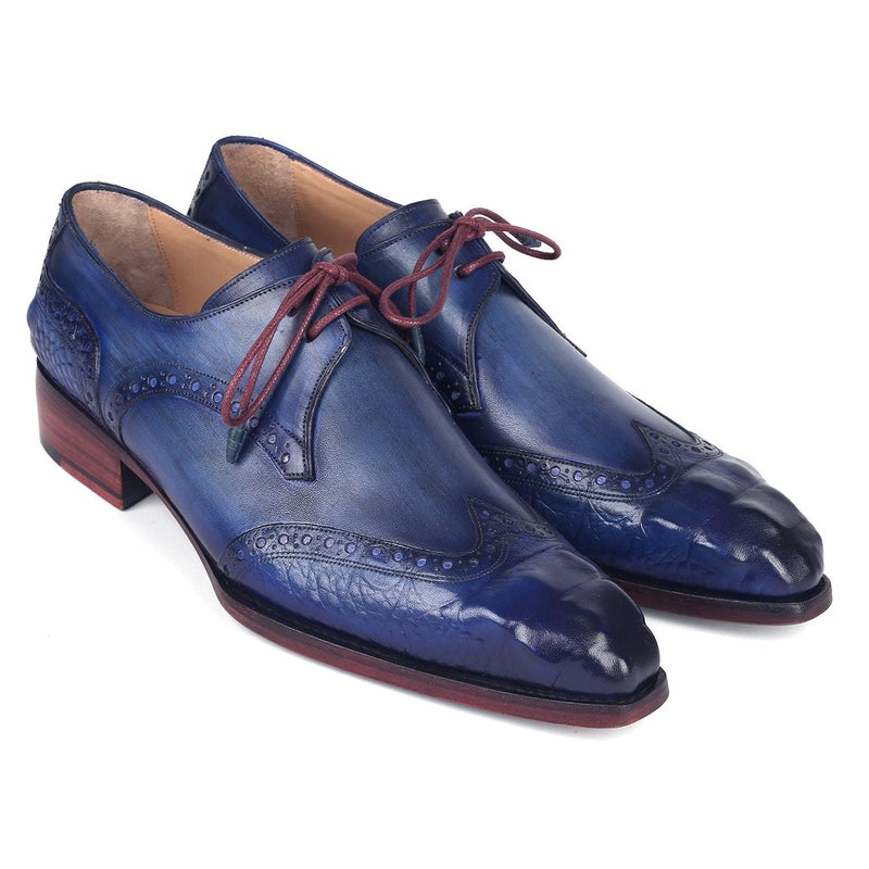 Paul Parkman 584-BLU Men's Shoes Blue Calf-Skin Leather Goodyear Welted Wingtip Derby Oxfords (PM6389)-AmbrogioShoes