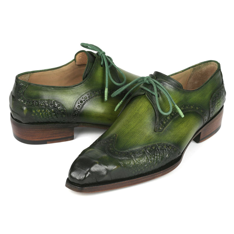 Paul Parkman 584-GRN Men's Shoes Green Crocodile Print / Calf-Skin Leather Wingtip Derby Oxfords (PM6388)-AmbrogioShoes