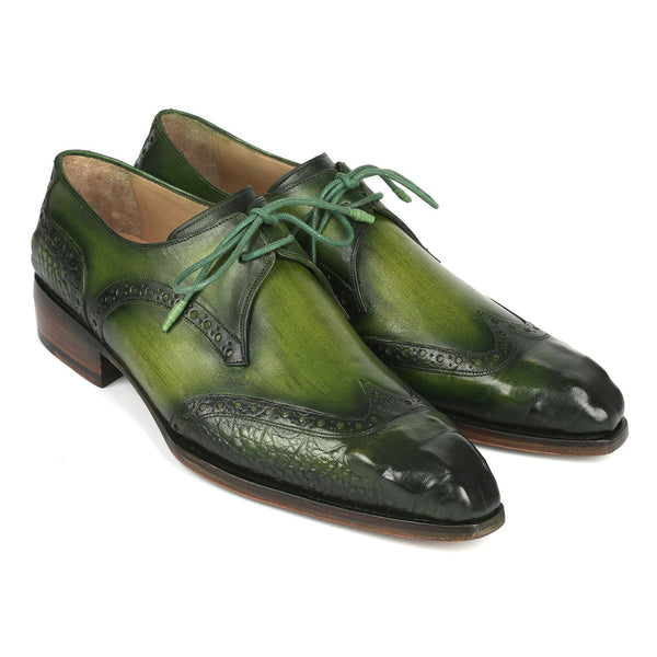 Paul Parkman 584-GRN Men's Shoes Green Crocodile Print / Calf-Skin Leather Wingtip Derby Oxfords (PM6388)-AmbrogioShoes