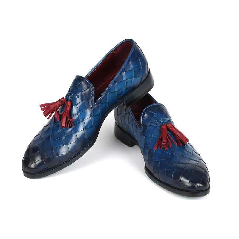 Paul Parkman 6623-BLU Men's Shoes Blue Big Braided Woven Leather Tassel Loafers (PM6377)-AmbrogioShoes