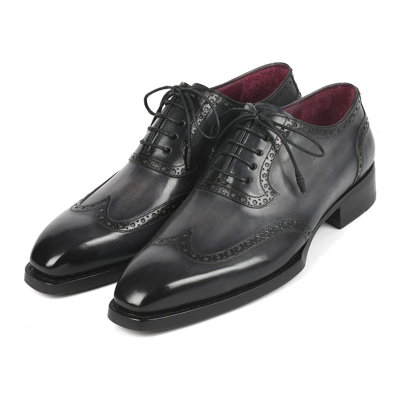 Paul Parkman 6819-GRY Men's Shoes Black & Gray Calf-Skin Leather Goodyear Welted Wingtip Oxfords (PM6345)-AmbrogioShoes