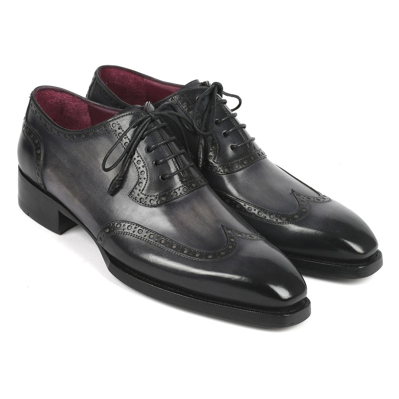Paul Parkman 6819-GRY Men's Shoes Black & Gray Calf-Skin Leather Goodyear Welted Wingtip Oxfords (PM6345)-AmbrogioShoes