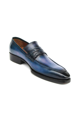 Paul Parkman 6944-BLU Blue Hand-Painted Leather Goodyear Welted Patina Penny Loafers (PM6397)-AmbrogioShoes