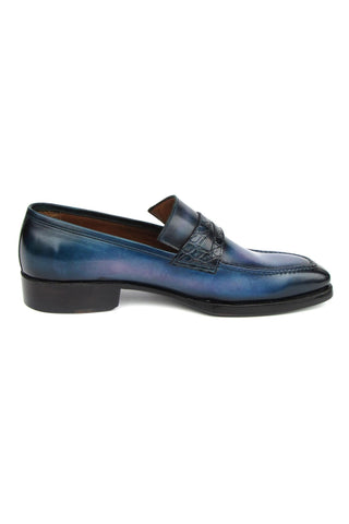 Paul Parkman 6944-BLU Blue Hand-Painted Leather Goodyear Welted Patina Penny Loafers (PM6397)-AmbrogioShoes