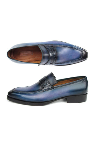 Paul Parkman 6944-BLU Blue Hand-Painted Leather Goodyear Welted Patina Penny Loafers (PM6397)-AmbrogioShoes