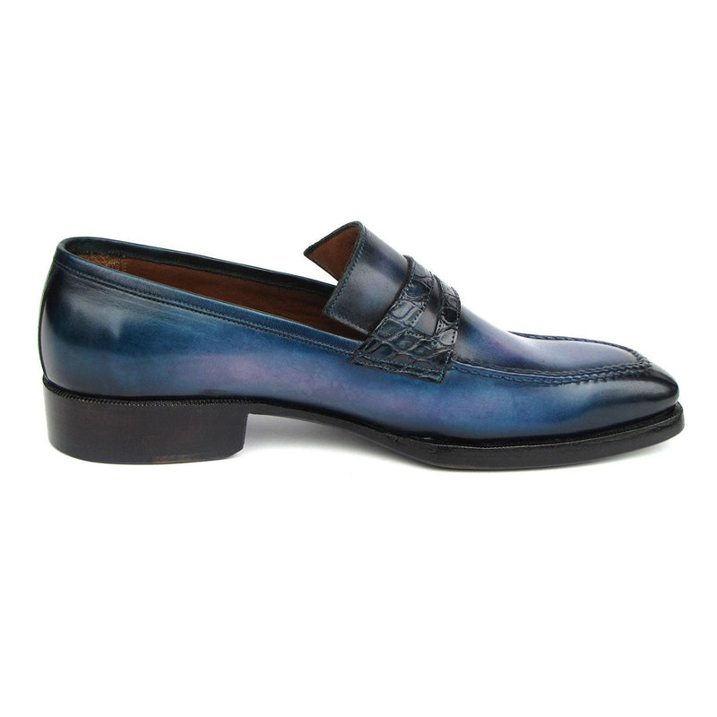 Paul Parkman 6944-BLU Men's Shoes Blue Hand-Painted Leather Goodyear Welted Patina Handmade Loafers (PM6397)-AmbrogioShoes