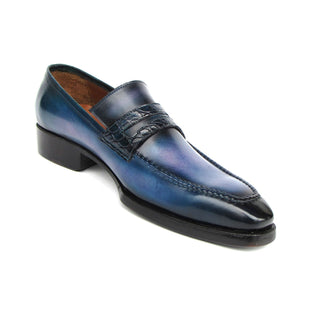 Paul Parkman 6944-BLU Men's Shoes Blue Hand-Painted Leather Goodyear Welted Patina Penny Loafers (PM6397)-AmbrogioShoes