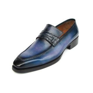 Paul Parkman 6944-BLU Men's Shoes Blue Hand-Painted Leather Goodyear Welted Patina Penny Loafers (PM6397)-AmbrogioShoes