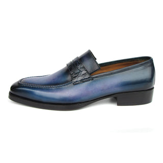 Paul Parkman 6944-BLU Men's Shoes Blue Hand-Painted Leather Goodyear Welted Patina Penny Loafers (PM6397)-AmbrogioShoes
