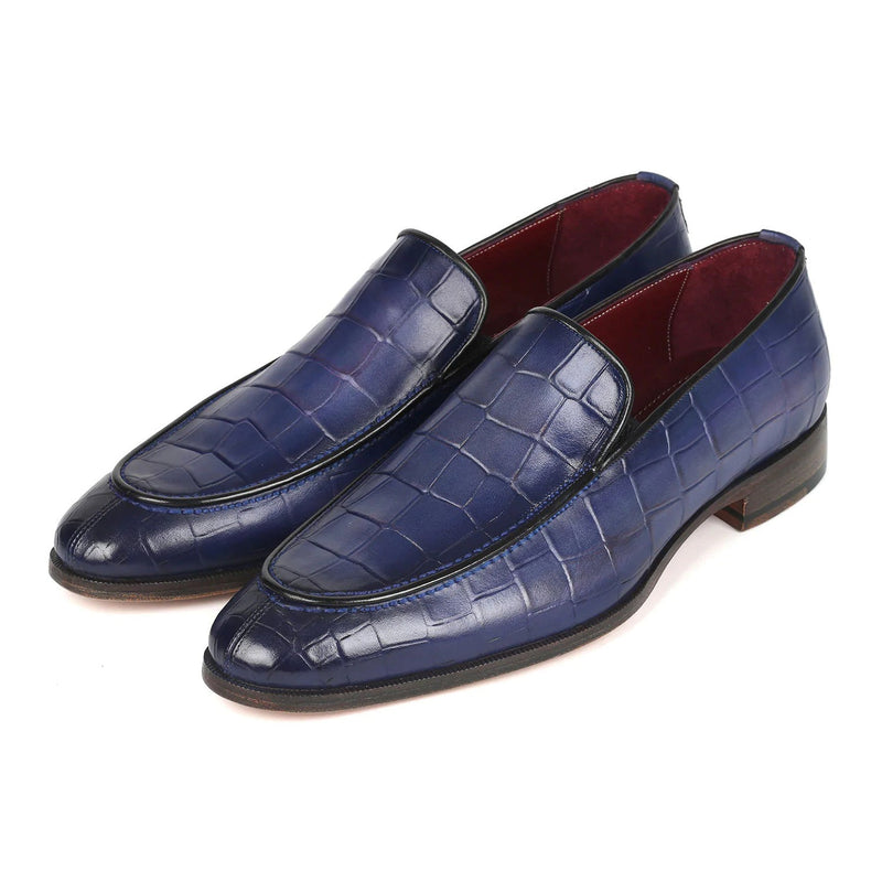 Paul Parkman 7339-BLU Men's Shoes Blue Crocodile Print / Calf-Skin Leather Slip-On Loafers (PM6383)-AmbrogioShoes