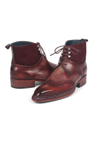 Paul Parkman 8509-BUR Men's Handmade Shoes Burgundy Suede / Calf-Skin Leather Norwegian Welted Wingtip Boots (PM6348)-AmbrogioShoes