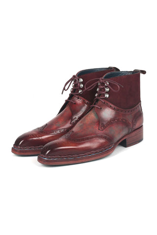 Paul Parkman 8509-BUR Men's Handmade Shoes Burgundy Suede / Calf-Skin Leather Norwegian Welted Wingtip Boots (PM6348)-AmbrogioShoes