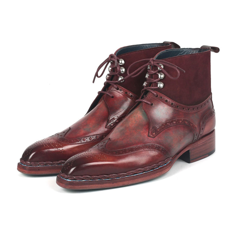 Paul Parkman 8509-BUR Men's Shoes Burgundy Suede / Calf-Skin Leather Norwegian Welted Wingtip Boots (PM6348)-AmbrogioShoes