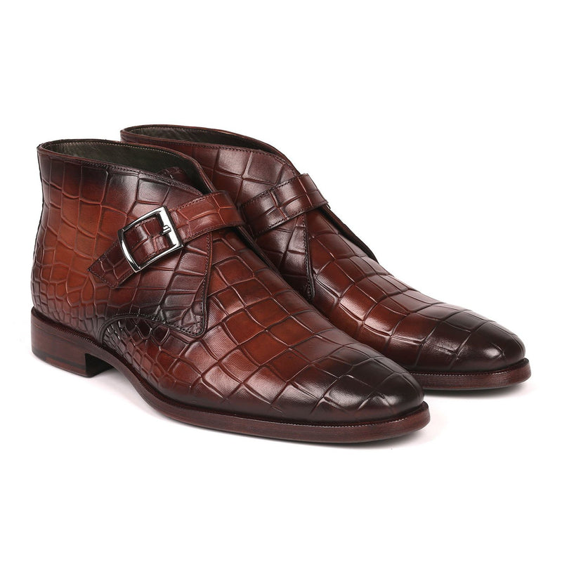 Paul Parkman 8638-BRW Men's Shoes Brown Crocodile Print / Calf-Skin Leather Monk-Strap Ankle Boots(PM6254)-AmbrogioShoes