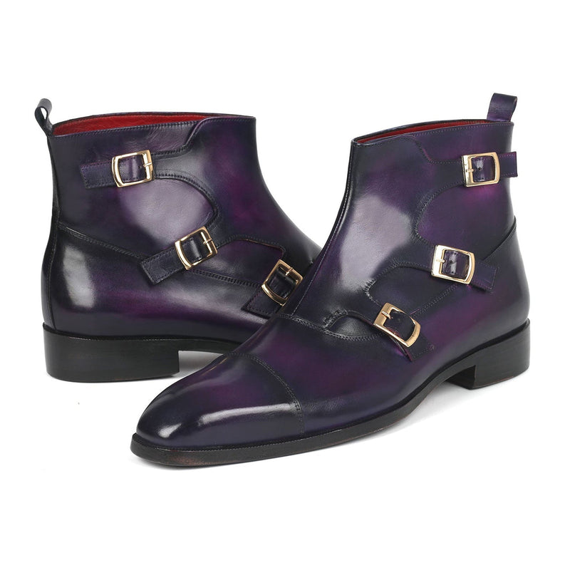 Paul Parkman 88951-PRP Men's Shoes Purple Calf-Skin Leather Triple Monk-Straps Boots (PM6329)-AmbrogioShoes
