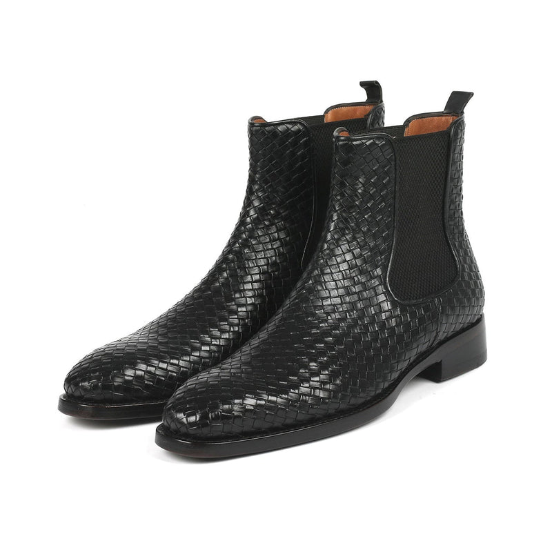 Paul Parkman 92WN87-BLK Men's Shoes Black Woven Leather Chelsea Boots (PM6346)-AmbrogioShoes