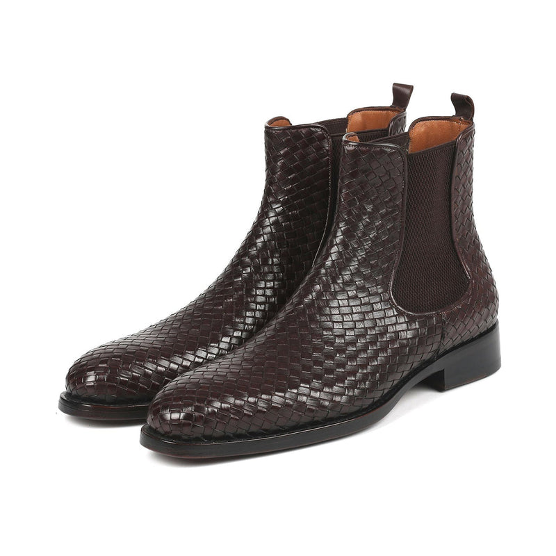 Paul Parkman 92WN87-BRW Men's Shoes Brown Woven Leather Chelsea Boots (PM6347)-AmbrogioShoes