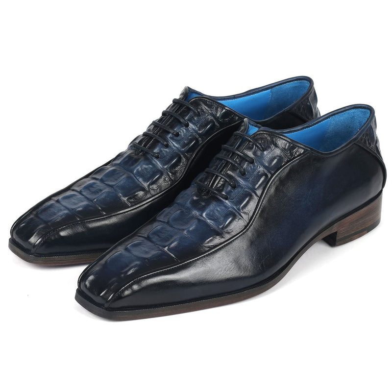Paul Parkman 94-214 Men's Shoes Navy Crocodile Print Leather Bicycle Toe Oxfords (PM6365)-AmbrogioShoes