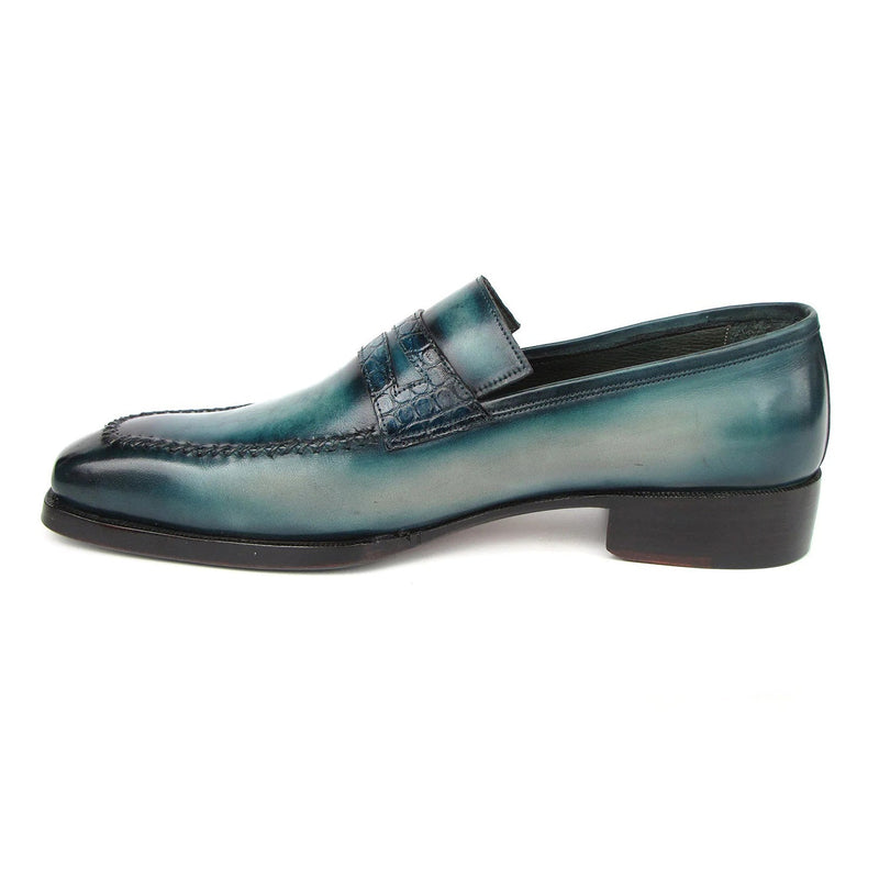 Paul Parkman 944-TRQ Men's Shoes Tuiquoise Crocodile Print / Patina Leather Penny Loafers (PM6413)-AmbrogioShoes