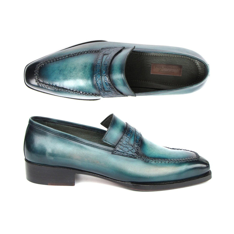 Paul Parkman 944-TRQ Men's Shoes Tuiquoise Crocodile Print / Patina Leather Penny Loafers (PM6413)-AmbrogioShoes