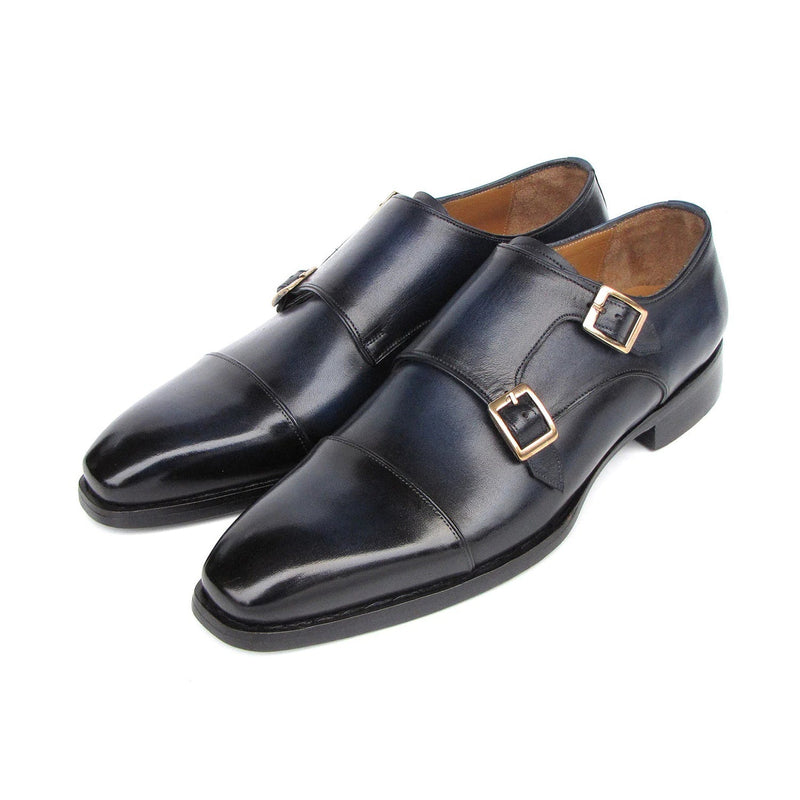 Paul Parkman 9468-NVY Men's Shoes Navy Calf-Skin Leather Monk-Straps Loafers (PM6415)-AmbrogioShoes