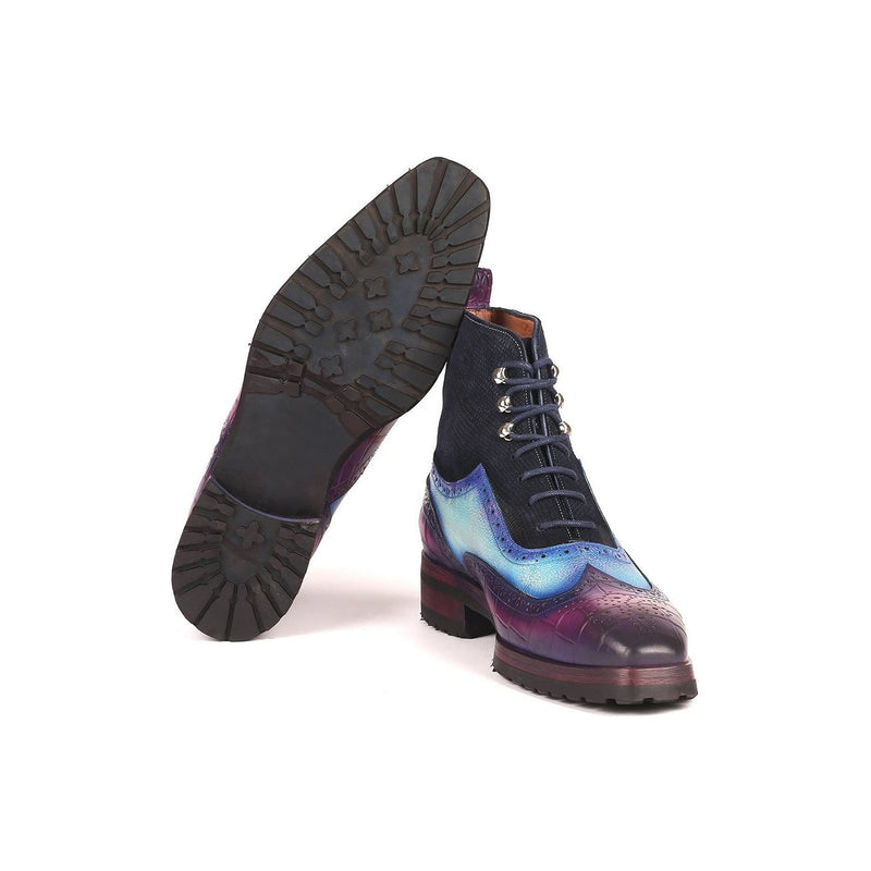 Paul Parkman 9736PTN Men's Shoes Three Tone Crocodile Print / Suede / Calf-Skin Leather Wing-Tip Boots(PM6260)-AmbrogioShoes