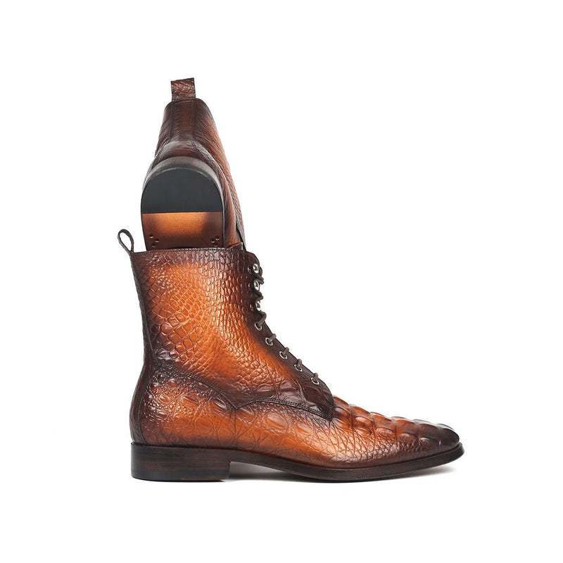 Paul Parkman BT744-BRW Men's Shoes Brown Crocodile Print / Calf-Skin Leather Lace-Up Boots (PM6277)-AmbrogioShoes