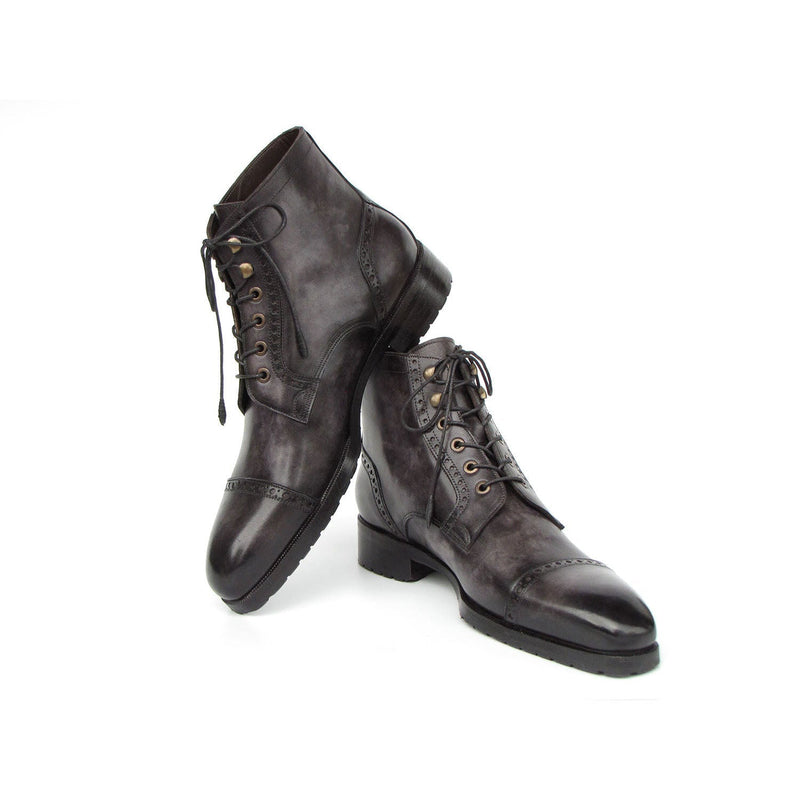 Paul Parkman BT9566-GRY Men's Shoes Gray & Black Hand Painted Leather Cap Toe Boots (PM6405)-AmbrogioShoes