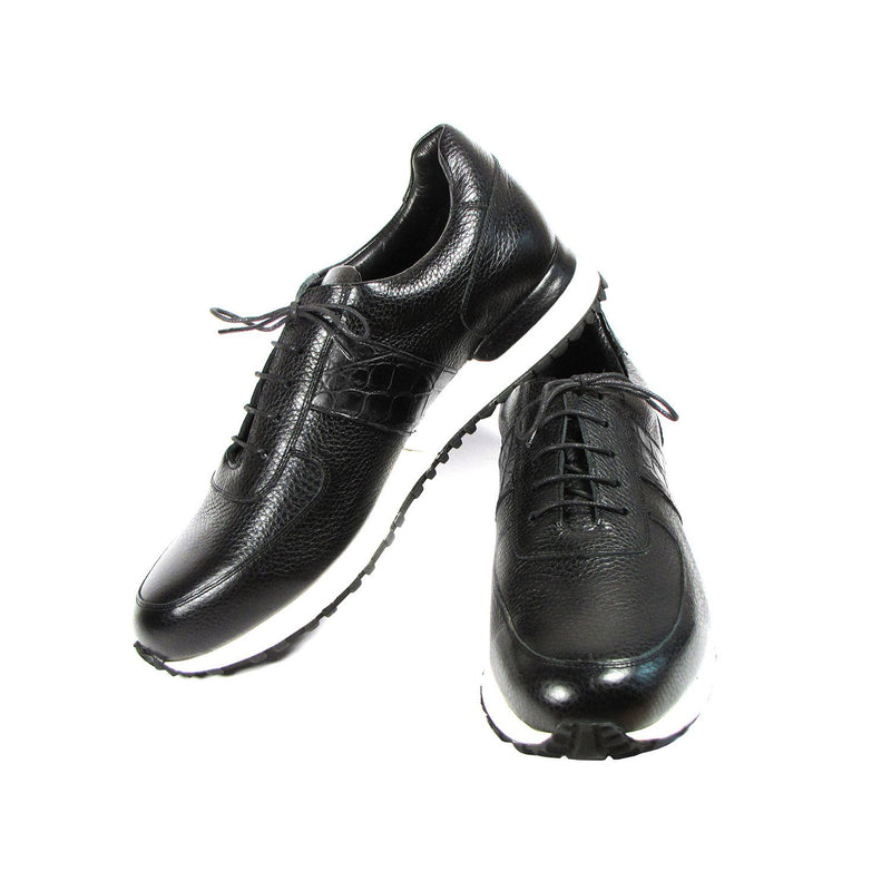 Paul Parkman LP206BLK Men's Shoes Black Crocodile Print / Calf-Skin Leather Casual Sneakers (PM6320)-AmbrogioShoes