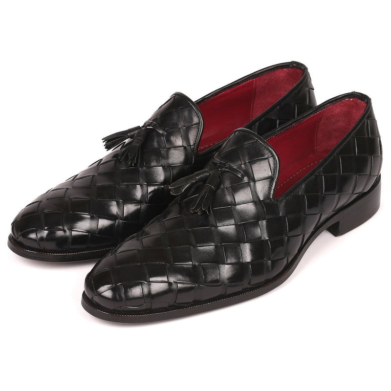 Paul Parkman Men's Shoes Black Braided Calf-Skin Leather Tassels Loafers 6623-BLK (PM6206)-AmbrogioShoes
