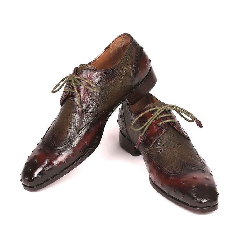 Paul Parkman Men's Designer Shoes Brown & Green Ostrich-Skin / Calf-Skin Leather Wing-Tip Oxfords 844H389 (PM6204) Multi / 13 US