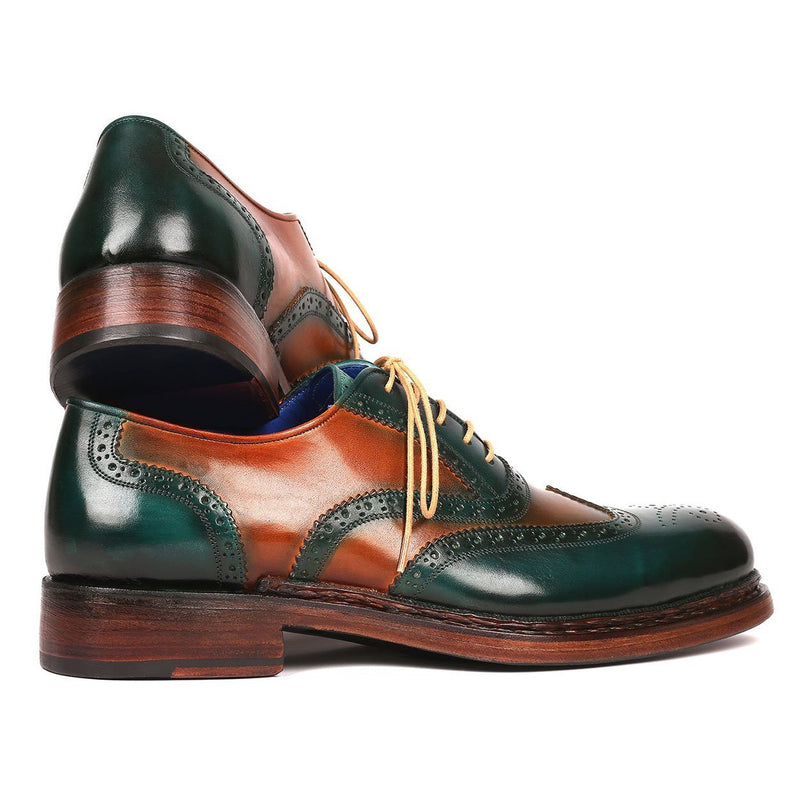 Paul Parkman Men's Shoes Green & Tobacco Calf-Skin Leather Wing-Tip Oxfords 027-GRN-TAB (PM6207)-AmbrogioShoes