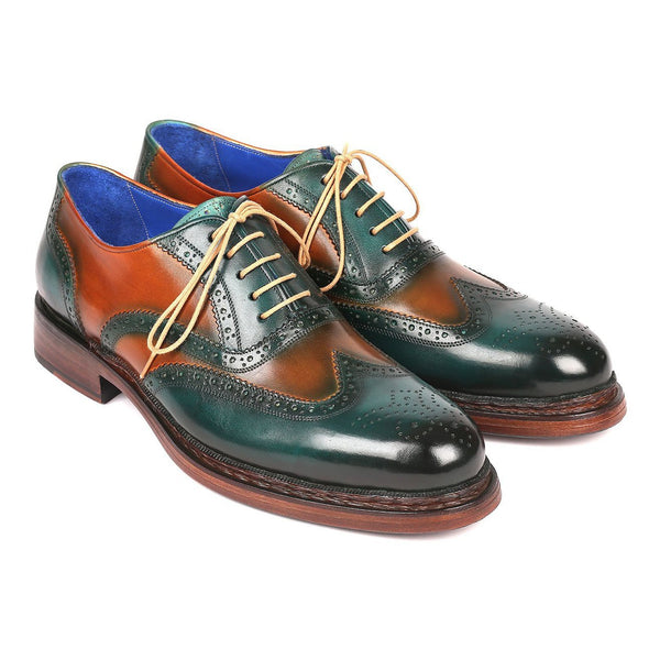 Paul Parkman Men's Shoes Green & Tobacco Calf-Skin Leather Wing-Tip Oxfords 027-GRN-TAB (PM6207)-AmbrogioShoes