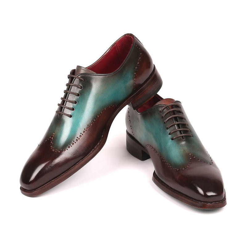 Paul Parkman Men's Shoes Brown & Turquoise Calf-Skin Leather Goodyear Welted Wingtip Oxfords 081-BTQ (PM6212)-AmbrogioShoes