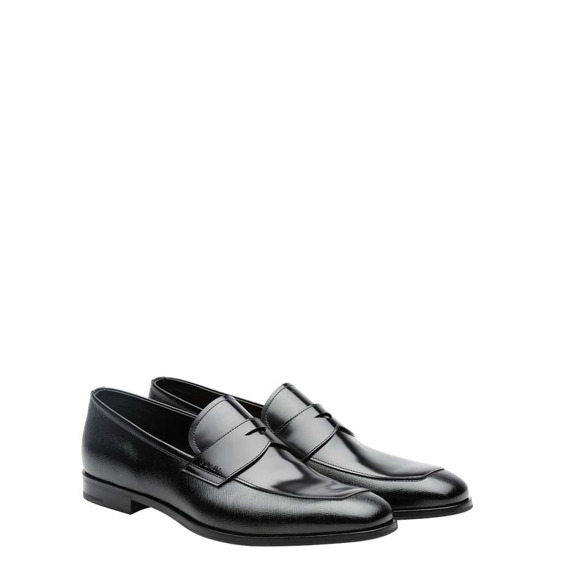 Prada 2EB184-ZJY Men's Shoes Black Saffiano / Brushed Calf-Skin Leather Penny Loafers (PRM1028)-AmbrogioShoes