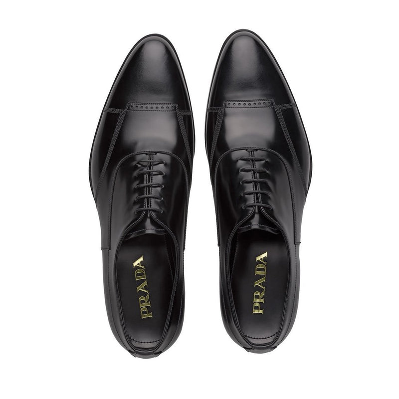 Prada 2EA149-P39 Men's Shoes Black Brushed Calf-Skin Leather Cap-Toe Oxfords (PRM1030)-AmbrogioShoes